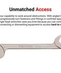 Angle Head Open End Wrench showing 30°/60° angles for hard-to-reach areas. Made in USA, part of 14-piece set with modular organizer.