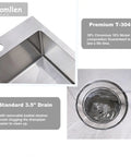 Undermount Bar Sink 10 Inch By 18 Inch Stainless Steel 16 Gauge Single Bowl with premium T-304 and standard 3.5" drain.
