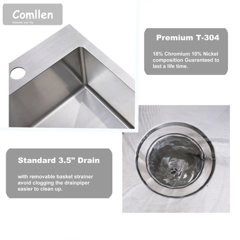 Undermount Bar Sink 10 Inch By 18 Inch Stainless Steel 16 Gauge Single Bowl with premium T-304 and standard 3.5" drain.