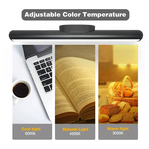 Cordless Battery Powered LED Magnetic Strip Light with adjustable color temperature, showing cool, natural, and warm light modes.