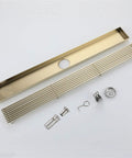 Built Tough Brushed 304 Stainless Steel Linear Shower Drain With Quick Release Hair Catcher 31.5 Inch Rectangular Floor Grate parts laid out