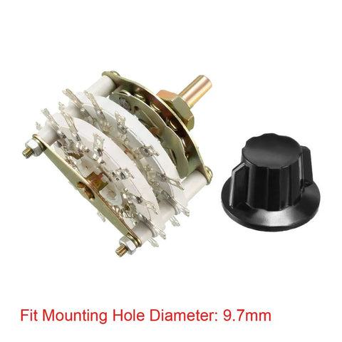 2 Pole 11 Throw 2 Deck Band Channel Rotary Switch Selector With Black Plastic Knob, 24 Pins, 9.7mm Mount Hole, and Shaft