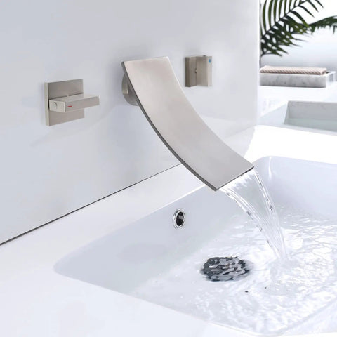 Brushed Nickel Wall Mount Tub Filler With High Flow Valve Waterfall Tub Faucet For Sinks And Tubs Solid Brass Rough-In 2.5 GPM At 60 PSI 7.48 Inch Spout Reach 3.9 Inch Spout Width 1/2 Inch Thread Size