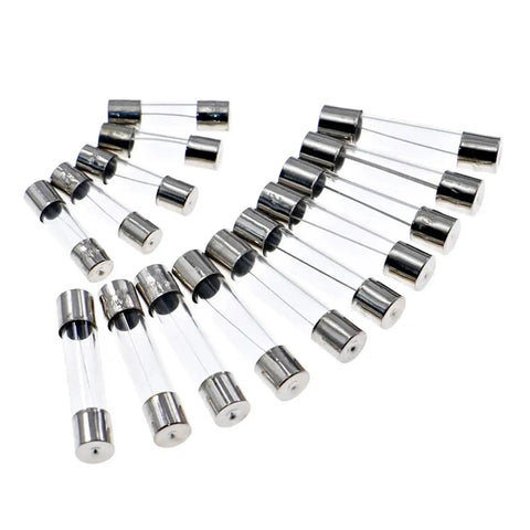 Set of 5x20mm glass tube fuses from automotive fuse assortment kit with 250 pieces for quick replacement and maintenance.