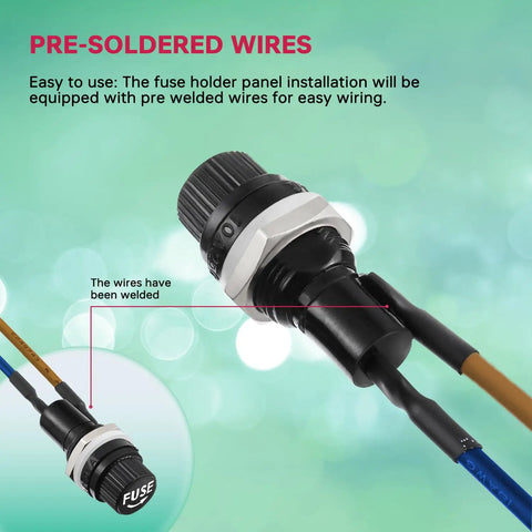 Close-up of pre-soldered wires on 6X30MM Panel Mount Fuse Holder Kit, showing easy wiring setup for circuit protection.