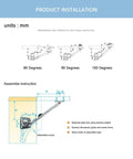 Illustration of Toy Box Lid Stay With 100 Degree Open And Soft Close, showing installation angles and assembly instructions.
