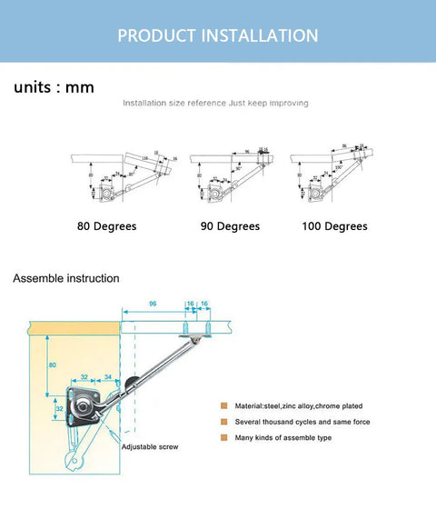 Illustration of Toy Box Lid Stay With 100 Degree Open And Soft Close, showing installation angles and assembly instructions.