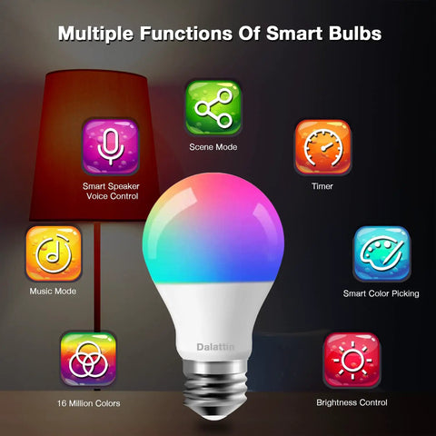 Infographic of Smart RGBWW LED Bulb With WiFi Control And Voice Assist, shows lamp, icons, color changing feature.