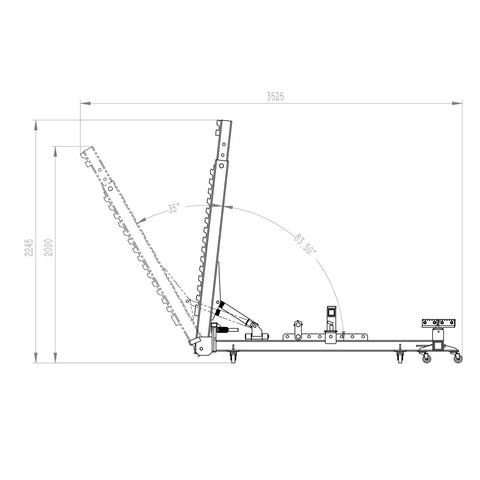 Side view diagram of Beefy Pro Grade Auto Body Frame Puller And Straightener Kit with dimensions and adjustable hydraulic components.