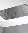 Thermostatic LED Shower System With Ceiling Mounted Rain Head And 4 Spray Settings, sleek chrome rain shower head design.