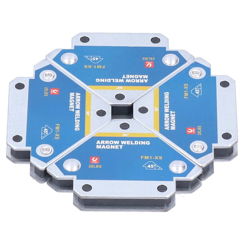 Magnetic Holder Set 4 Piece For Welding And Metal Work, 28 lb holding power, showing 45 90 135 degree angles, ferrite iron material