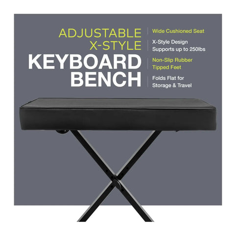 Adjustable X-style keyboard bench with cushioned seat for RD2000 EX 88 Key Digital Piano Bundle With Stage Performance Features Dual Sound Engines PHA 50 Hammer Action Keybed Includes Keyboard Stand Sustain Pedal And Deluxe Bench For Pro Gig Setup.