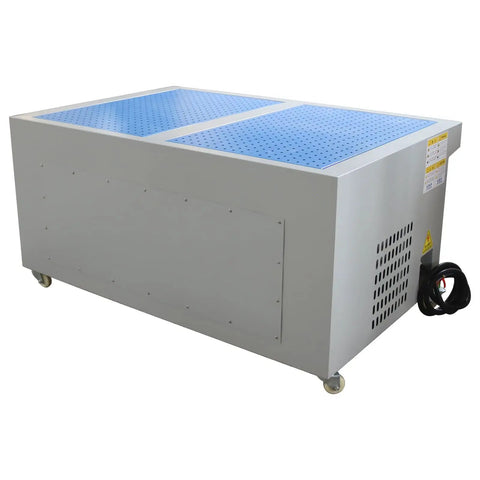 Straight Up Heavy Duty Metal Working Downdraft Table With Dual Drum Dust Collector And Welding Fume Extractor For Industrial Shop Grinding And Multi Stage Filtration 3KW 220V, showing the side view with casters.