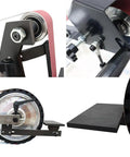 Close-up of the Heavy Duty 1500W Belt Sander with grinding wheel, showcasing adjustable parts and copper motor components.