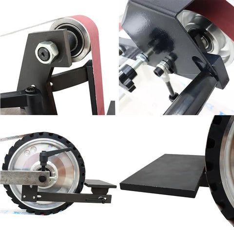 Close-up of the Heavy Duty 1500W Belt Sander with grinding wheel, showcasing adjustable parts and copper motor components.