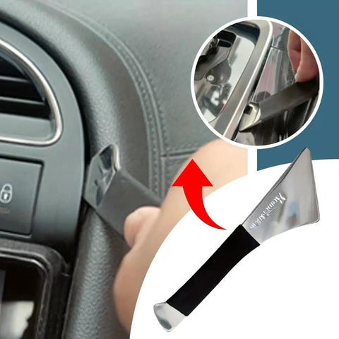 Person using heavy duty metal crowbar from Stainless Steel Skid Plate For Car Interior And Exterior Protection kit