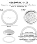 Measuring guide for Your Go-To Gear Silicone Gasket And Aluminum Filter Set, showing 9-cup gasket and filter sizes for stovetop espresso makers.