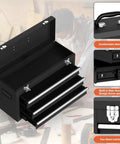Beefy Heavy Duty 3 Drawer Metal Toolbox With Top Storage Tray And Carrying Handle Portable Steel Tool Chest Black, open view