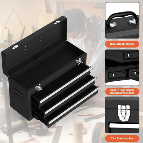 Beefy Heavy Duty 3 Drawer Metal Toolbox With Top Storage Tray And Carrying Handle Portable Steel Tool Chest Black, open view