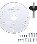 Six Point Five Inch Universal Router Base Plate With Centering Pin Cone And Pre Drilled Mounting Holes, clear acrylic design, includes mounting screws.