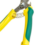 Close-up of Goat And Sheep Hoof Trimmers Carbon Steel Pruning Shears With Serrated Blade, yellow and green handle detail.