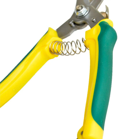 Close-up of Goat And Sheep Hoof Trimmers Carbon Steel Pruning Shears With Serrated Blade, yellow and green handle detail.