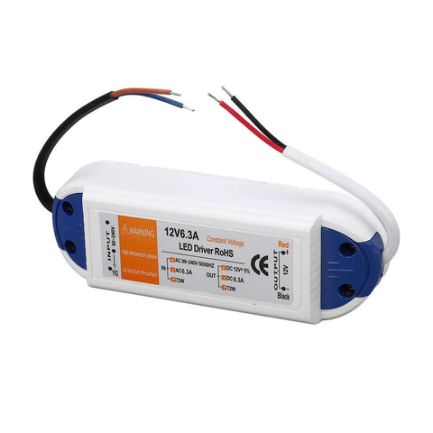 LED Driver 6.3A 72W Power Supply Transformer 90 240V AC To 12V DC For LED Strips Bulbs Computer Projects Industrial Outdoor Lighting Applications Pro Grade High Power Reliable Converter For Home Garage Workshop, white plastic unit with wires