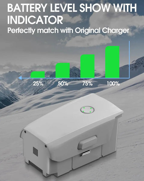 DJI Mavic Air 2S Battery 3500mAh 11.5V with charge level indicator against mountain background.