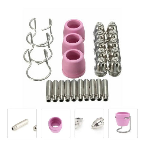 Heavy Duty Plasma Kit Torch Cutter Consumables Nozzles Cutting Tips assortment with pink ceramic and alloy steel components.