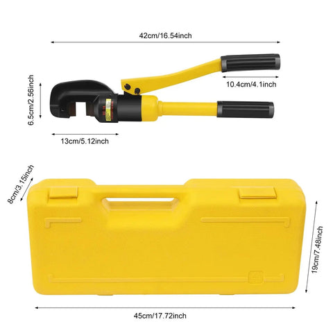 8 Ton Hydraulic Rebar Cutter Pliers For Large Steel Bolt Cutting in yellow case with measurements displayed.