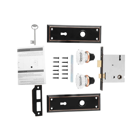 Complete set of upgraded mortise lock set for interior doors with antique vintage crystal glass knobs and skeleton key