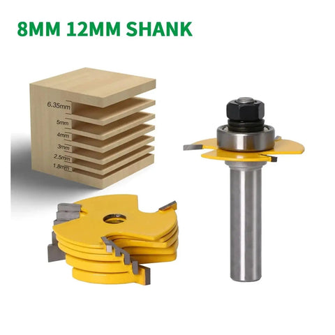 Top Notch 2 Piece Slot Cutter Router Bit Set With Stacked And Bearing Guided 3 Wing Cutters Comes In 8mm Or 12mm Shank Options for woodworking.