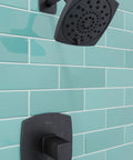 Deckard Matte Black Shower Faucet Set With Dope Multi Function Showerhead Square Modern Design Pressure Balance Single Handle Bathroom Fixtures LG897DAB Premium Quality on aqua tiled wall