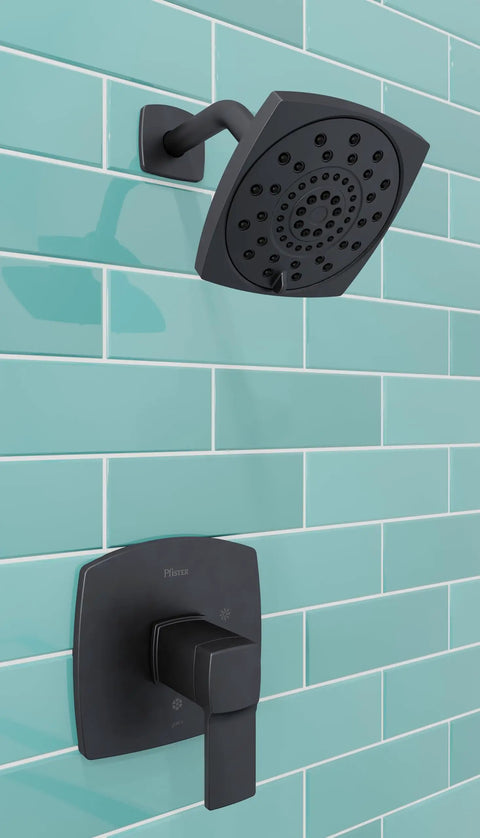 Deckard Matte Black Shower Faucet Set With Dope Multi Function Showerhead Square Modern Design Pressure Balance Single Handle Bathroom Fixtures LG897DAB Premium Quality on aqua tiled wall