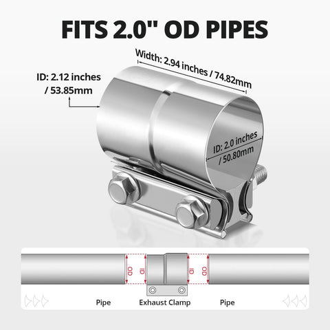 Heavy Duty Stainless Steel Lap Joint Exhaust Clamp 2.0 Inch Band Clamp detailed view with size measurements