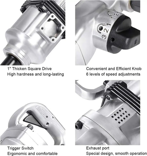 Heavy Duty One Inch Pneumatic Air Impact Wrench Packing Nineteen Hundred Foot Pounds Of Kick, showing features like thick square drive, speed knob, and ergonomic trigger.