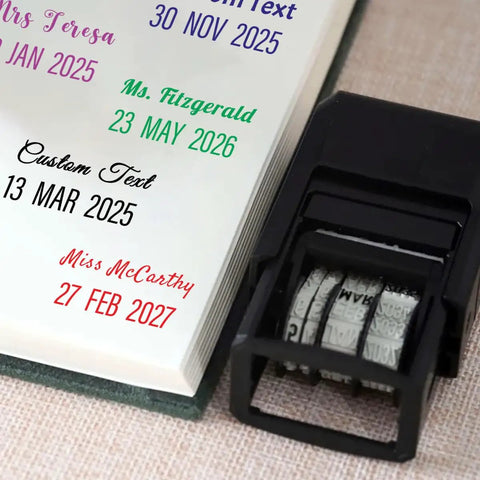 Custom Self Inking Date Stamp Personalized With Your Sign Off For Office And Business Gear Adjustable Date Wheel Stamps Through Twenty Thirty Five on a desk with printed dates.