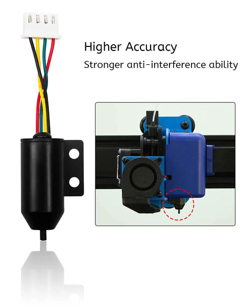 Close-up of Auto Bed Leveling Sensor for Artillery Sidewinder SW X2 and Genius Pro, focusing on higher accuracy and anti-interference features.
