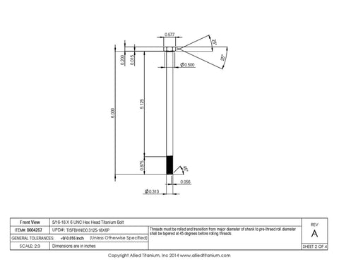 5/16-18 x 6 Inch hex head titanium bolt drawing for Premium Gang Pack Of Two Grade 5 Ti-6Al-4V titanium hex head bolts.