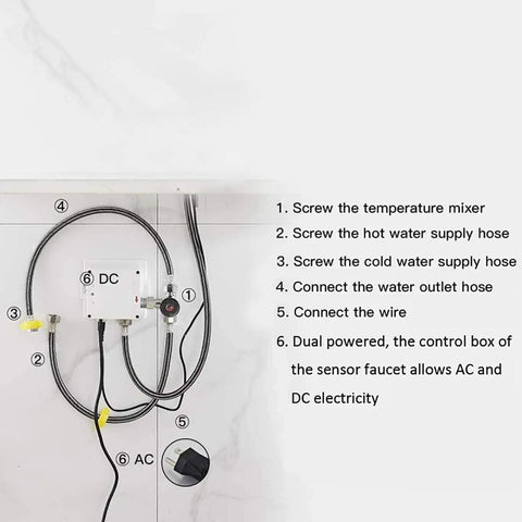 Wiring and connection setup for Two Channel Touchless Sensor Control Box for AC DC power supply in bathroom sink installation.