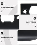 Close-up of Stainless Steel Door Strike Plate Black For Exterior Doors Beefed Up Deadbolt Reinforcement And Adjustable Latch Restorer Easy Install showing material and design details