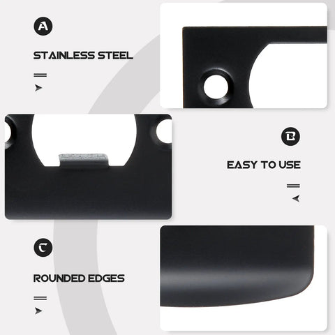 Close-up of Stainless Steel Door Strike Plate Black For Exterior Doors Beefed Up Deadbolt Reinforcement And Adjustable Latch Restorer Easy Install showing material and design details