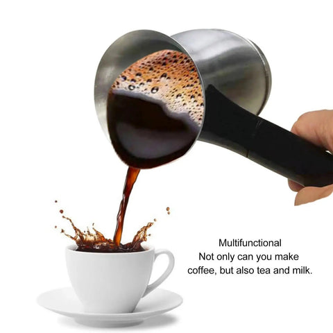 All In One Electric Turkish Coffee Maker With 600ml Capacity, pouring coffee into a white cup, showcasing multifunction use.