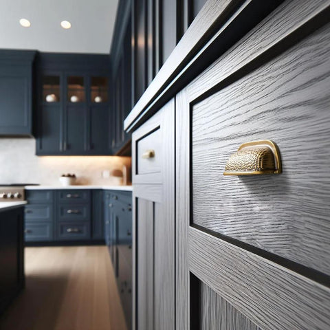 Six Pack 3 Inch Antique Brass Cabinet Cup Pulls With Hand Hammered Texture And Smooth Curved Edges installed on kitchen drawers