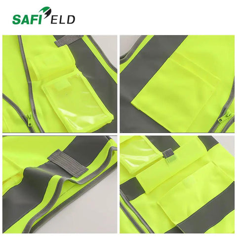 Close-up of 6 Pack High Visibility Reflective Work Vests For Men And Women, 8 Pockets With Zipper, breathable polyester material