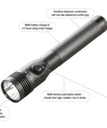 Stinger DS HL 800 Lumen LED Flashlight with rechargeable battery, dual switches, black, labeled parts, delivers 310 meter beam.