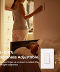 Woman adjusts 4 Pack Smart Dimmer Switch For Alexa And Google Home No Brainer Setup Neutral Wire Required 2.4GHz WiFi on wall