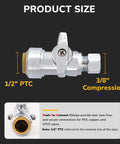 KAINGA 1/2 in PTC x 3/8 in OD compression straight stop valve, side view; chrome-plated brass with lever.