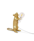 Standing mouse figure holding bulb, Three Style Resin Mouse Desk Lamp With LED Glow Featuring Running Sitting And Standing Cute Mouse Figures In Gold Finish For Bedroom Or Study Room Decor Plug In Table Light With Easy On Off Switch.