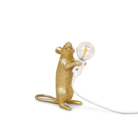Standing mouse figure holding bulb, Three Style Resin Mouse Desk Lamp With LED Glow Featuring Running Sitting And Standing Cute Mouse Figures In Gold Finish For Bedroom Or Study Room Decor Plug In Table Light With Easy On Off Switch.